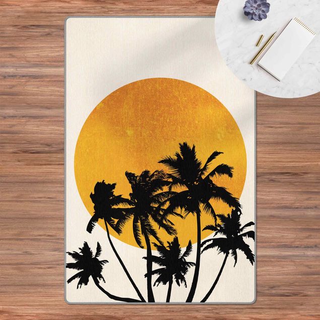 Teppich Blumen Palmen vor goldener Sonne