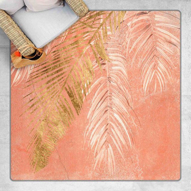 Moderner Teppich Palmenblätter Rosa und Gold I