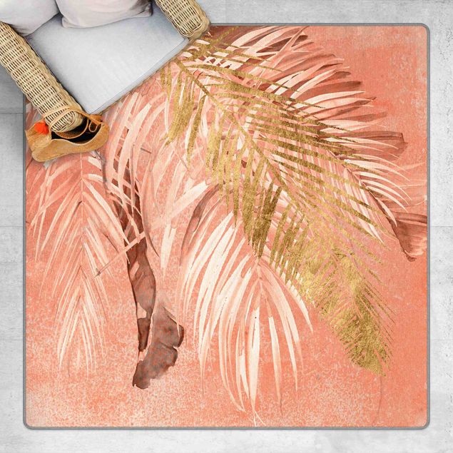 Moderner Teppich Palmenblätter Rosa und Gold II