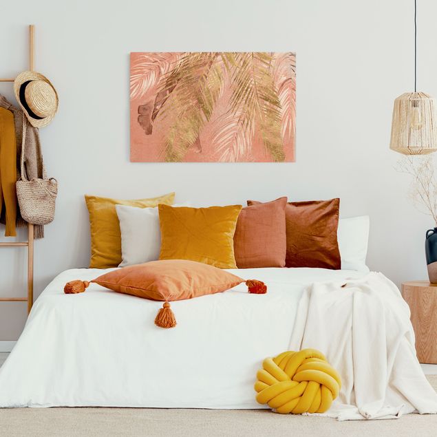 Moderne Leinwandbilder Wohnzimmer Palmenblätter Rosa und Gold III