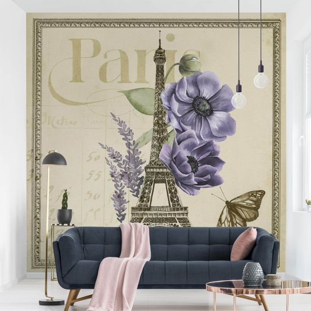 Tapete Blumen Paris Collage Eiffelturm