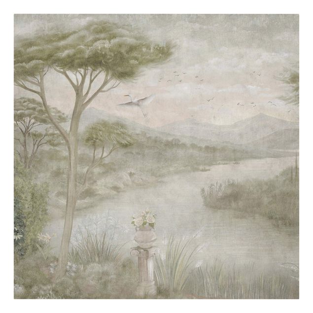 Leinwandbild Kunstdruck Pastellgrüne Landschaft mit Kranich