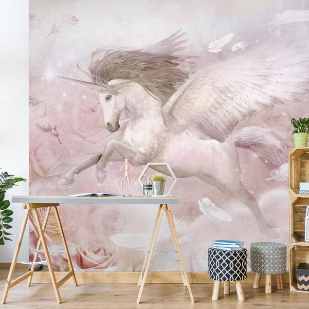 Kinderzimmer Tapete Tiere Pegasus Einhorn mit Rosen