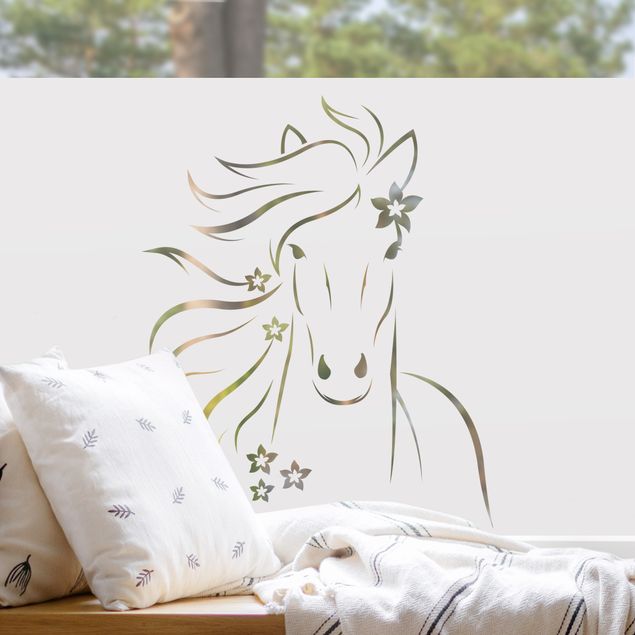 Tier Fensterbilder Pferd mit Blüten