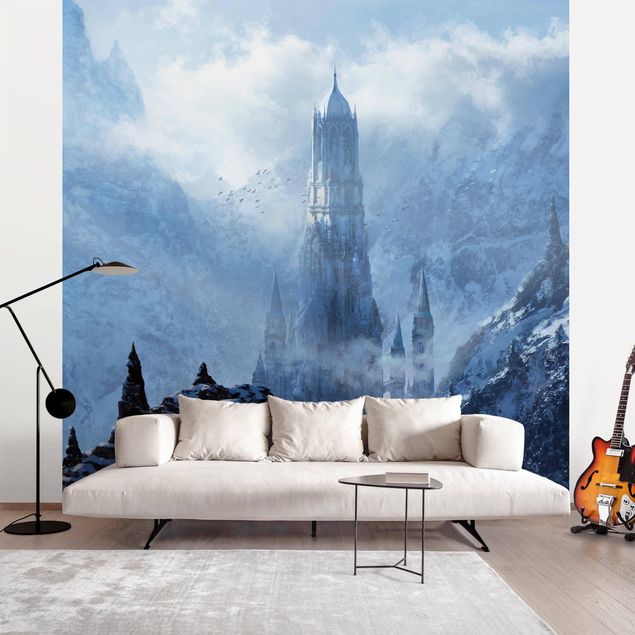 Blaue Tapeten Phantastisches Schloss im Schnee