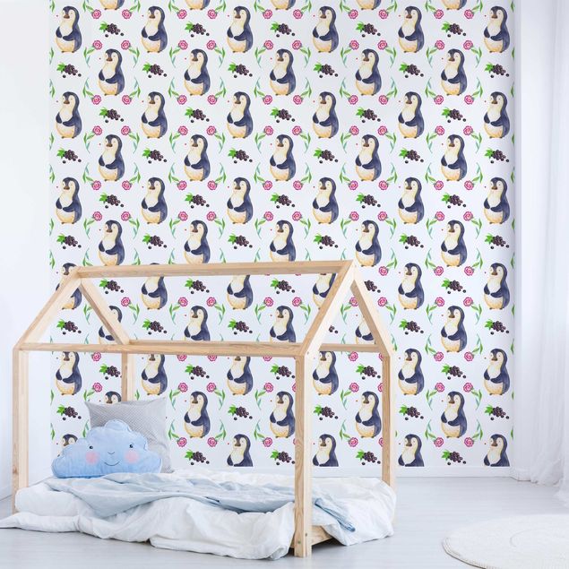 Romantische Schlafzimmer Tapete Mr. & Mrs. Panda - Pinguin mit Nelken und Trauben