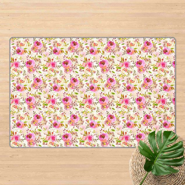 Moderner Teppich Pinke Aquarell Blumen