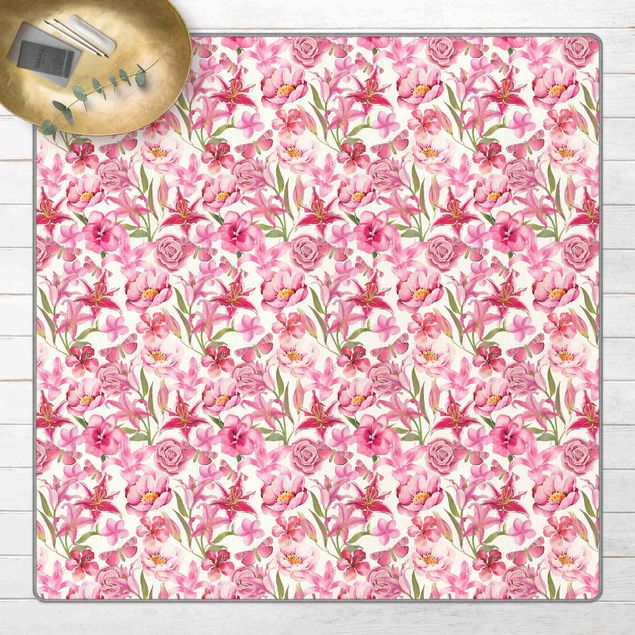 Moderne Teppiche Pinke Blumen mit Schmetterlingen