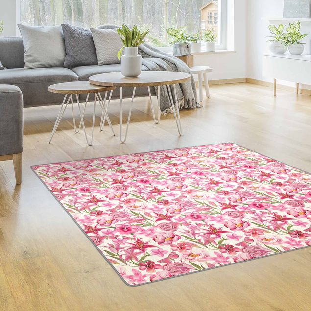 Teppiche Pinke Blumen mit Schmetterlingen