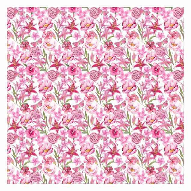 Fototapeten Pinke Blumen mit Schmetterlingen