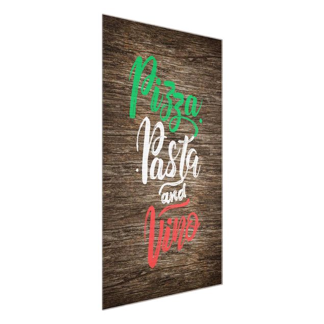 Bilder auf Glas Pizza Pasta and Vino auf Planke