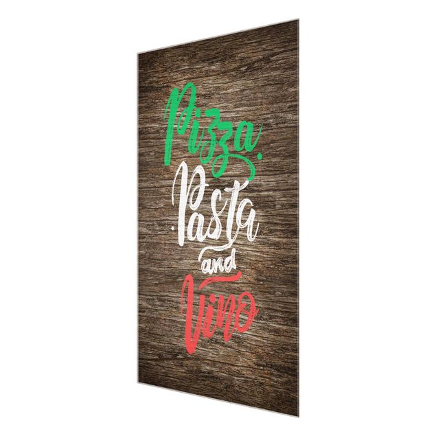 Glasbild - Pizza Pasta and Vino auf Planke - Hochformat