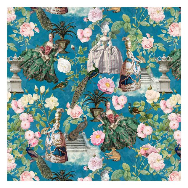 Wandtapete Design Pompöse Kleider im Rosengarten auf Blau