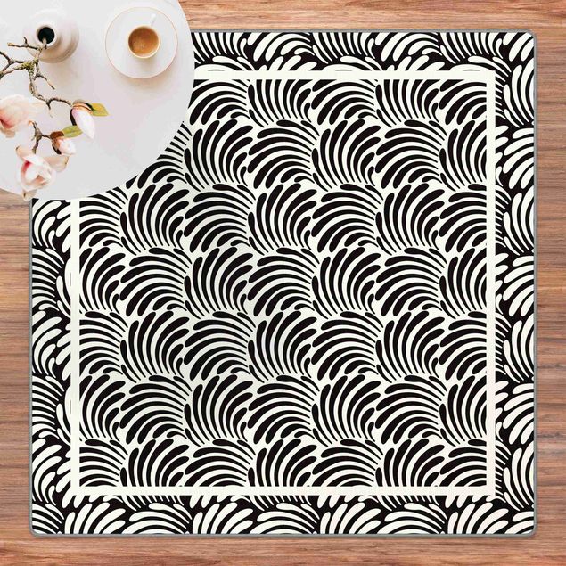 Teppich schwarz-weiß Quadratische Blätterornamente Schwarz Weiß mit Rahmen