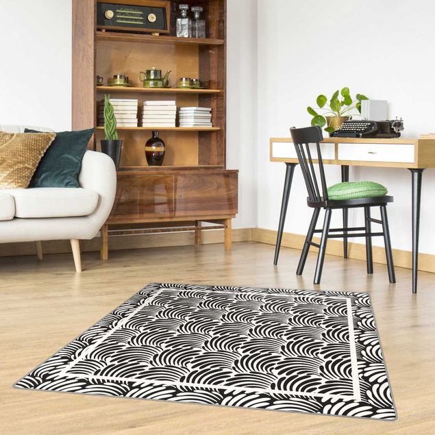 Teppiche Quadratische Blätterornamente Schwarz Weiß mit Rahmen