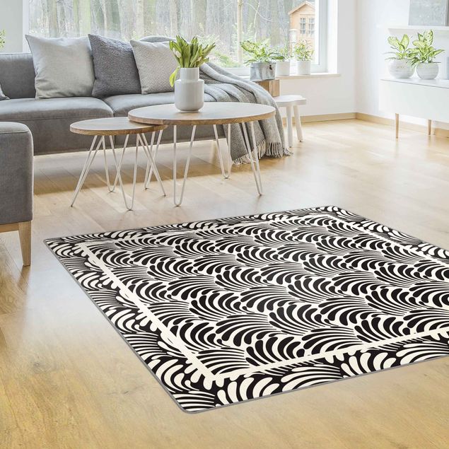 Teppiche groß Quadratische Blätterornamente Schwarz Weiß mit Rahmen
