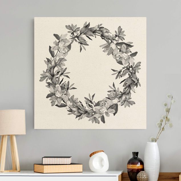 Wandbilder Wohnzimmer modern Romantischer Blütenkranz Grau