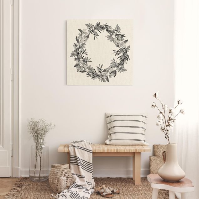 Wandbilder Romantischer Blütenkranz Grau