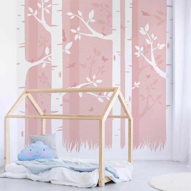 Kinderzimmer Tapete Tiere Rosa Birkenwald mit Schmetterlingen und Vögel