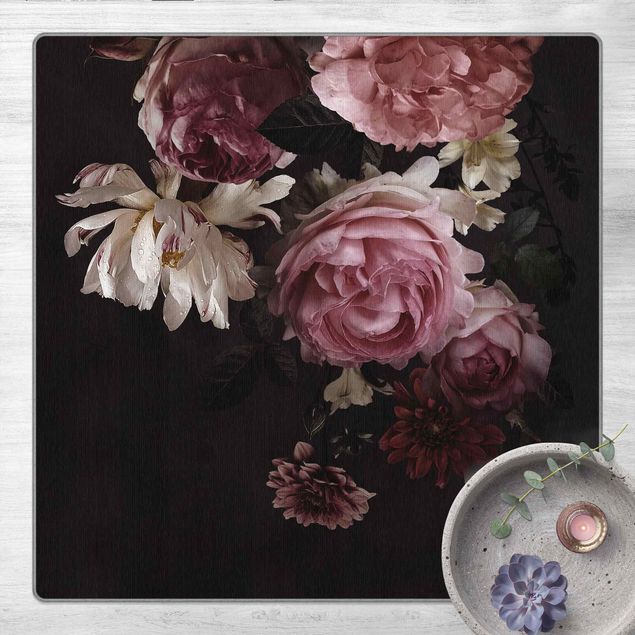 Moderner Teppich Rosa Blumen auf Schwarz Vintage