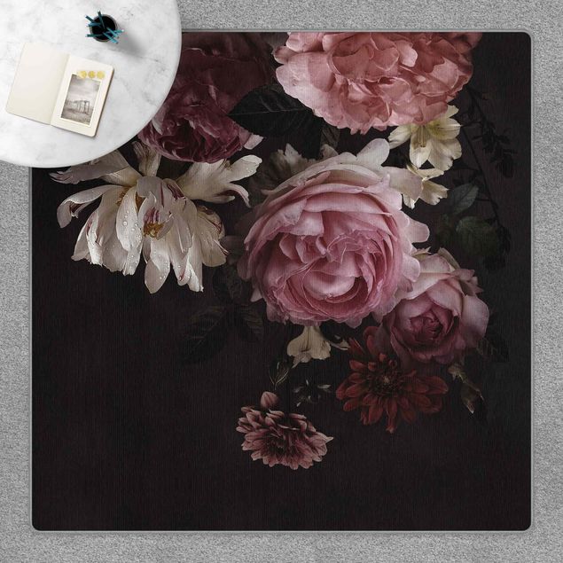 Teppich Blumen Rosa Blumen auf Schwarz Vintage