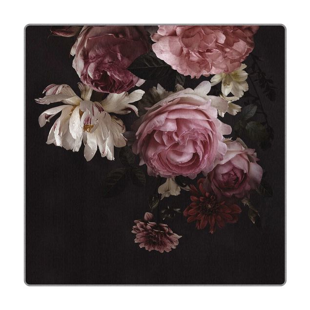 grosser Teppich Rosa Blumen auf Schwarz Vintage