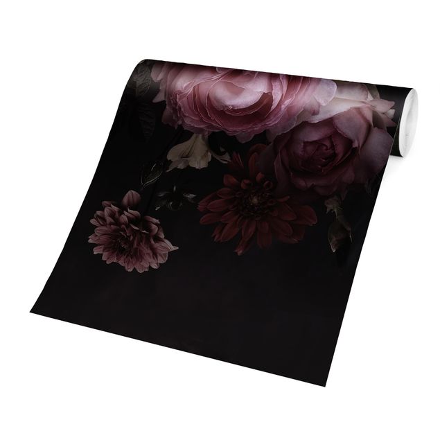 Tapete rosa Rosa Blumen auf Schwarz Vintage