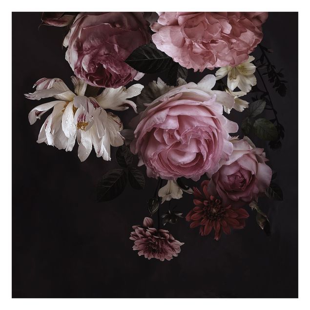 Fototapete schwarz Rosa Blumen auf Schwarz Vintage