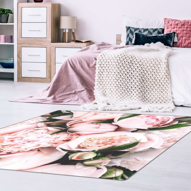 Teppich rosa Rosa Pfingstrosen mit Blättern