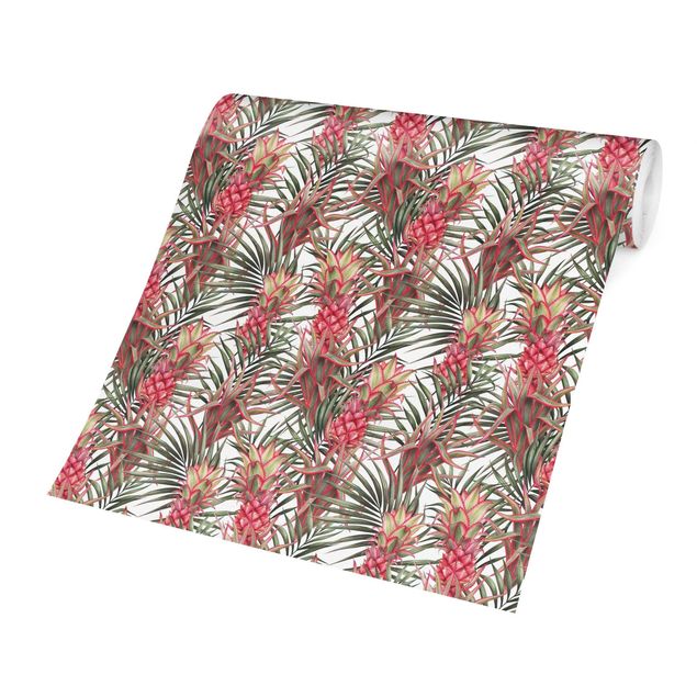 Moderne Tapeten Rote Ananas mit Palmenblättern Tropisch