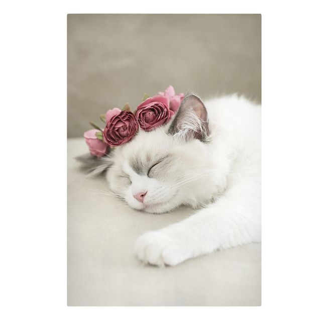 Leinwandbild Kunstdruck Schlafende Katze mit Rosen