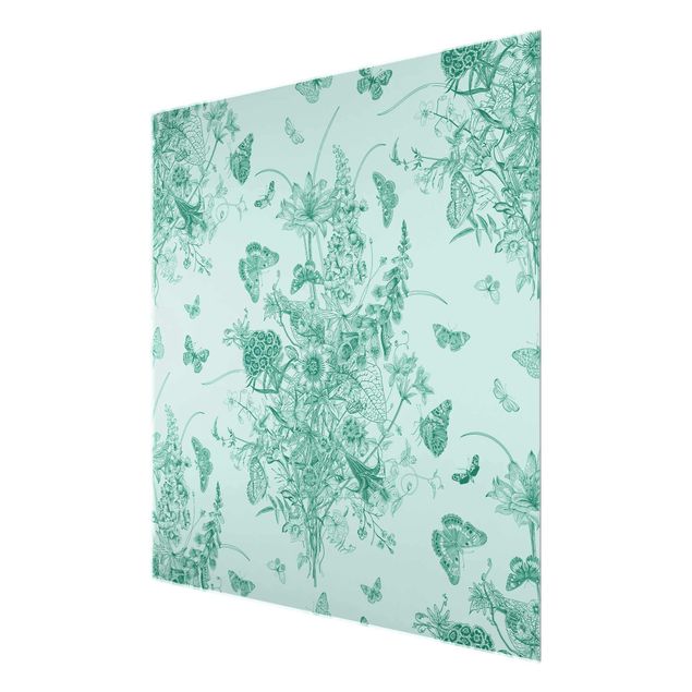 Bilder für die Wand Schmetterlinge um Blumeninsel in Grün II