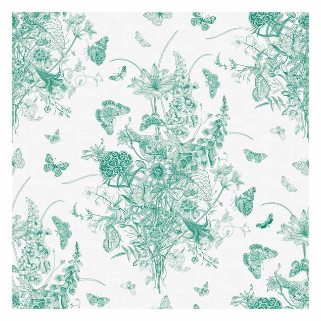Fototapete Design Schmetterlinge um Blumeninsel in Grün