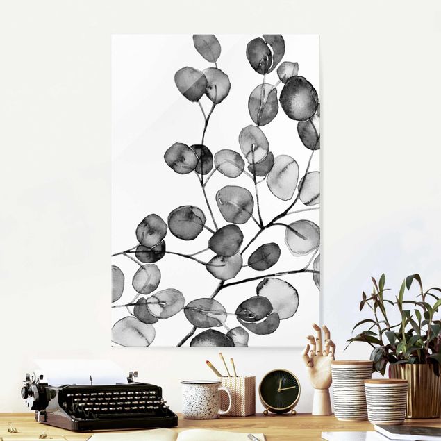 Wandbilder Glas XXL Schwarz Weiß Aquarell Eukalyptuszweig