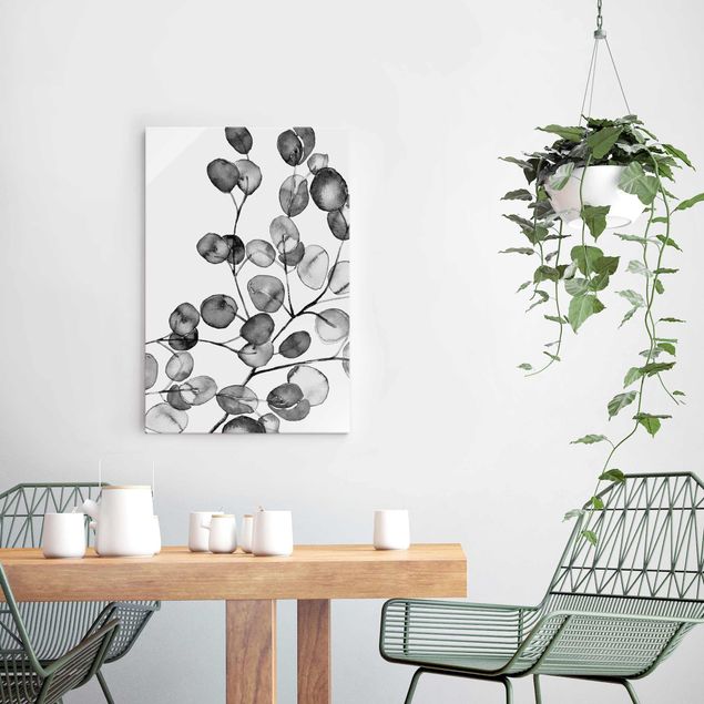 Glasbilder Pflanzen Schwarz Weiß Aquarell Eukalyptuszweig