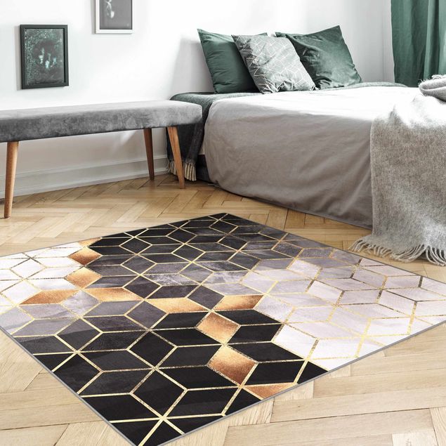 Teppich abstrakt Schwarz Weiß goldene Geometrie