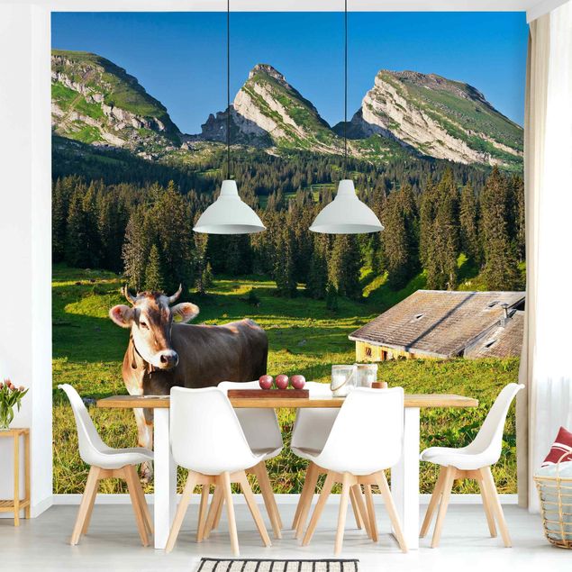 Fototapete Berge Schweizer Almwiese mit Kuh