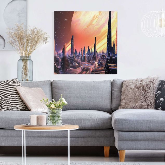 Leinwandbilder Wohnzimmer modern Sci-Fi Großstadt mit Planet