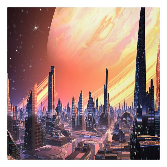 Leinwandbild - Sci-Fi Großstadt mit Planet - Quadrat - 1:1