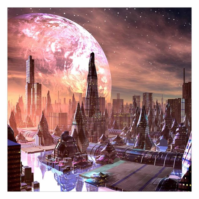 Schöne Fototapete Sci-Fi Stadt mit Planeten