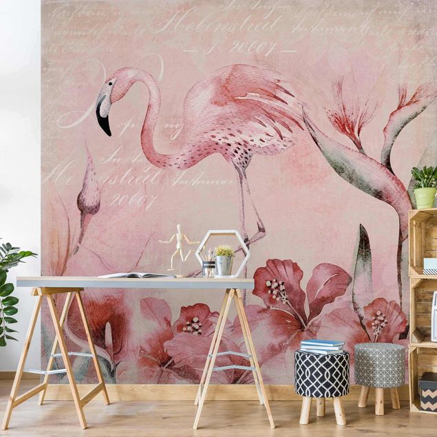 Tapete Aquarell Shabby Chic Collage - Flamingo