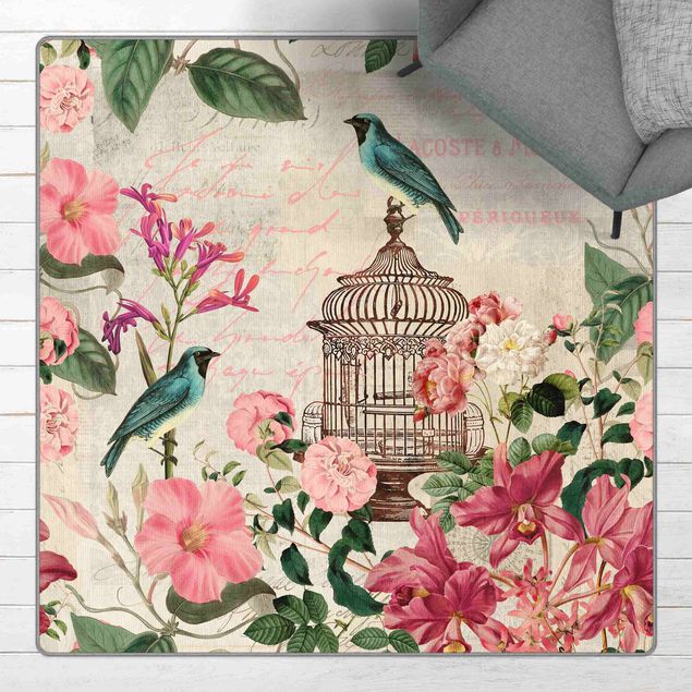 Moderne Teppiche Shabby Chic Collage - Rosa Blüten und blaue Vögel