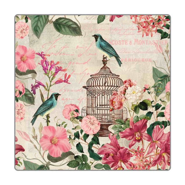 Große Teppiche Shabby Chic Collage - Rosa Blüten und blaue Vögel