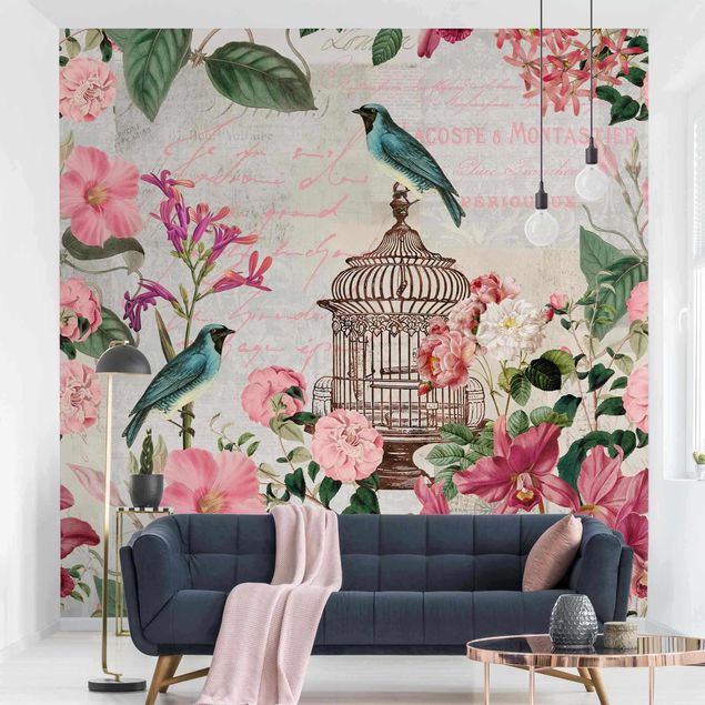 Retro Tapete Shabby Chic Collage - Rosa Blüten und blaue Vögel
