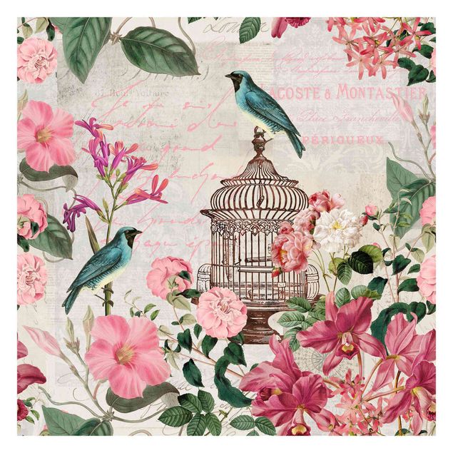Rosa Tapete Shabby Chic Collage - Rosa Blüten und blaue Vögel