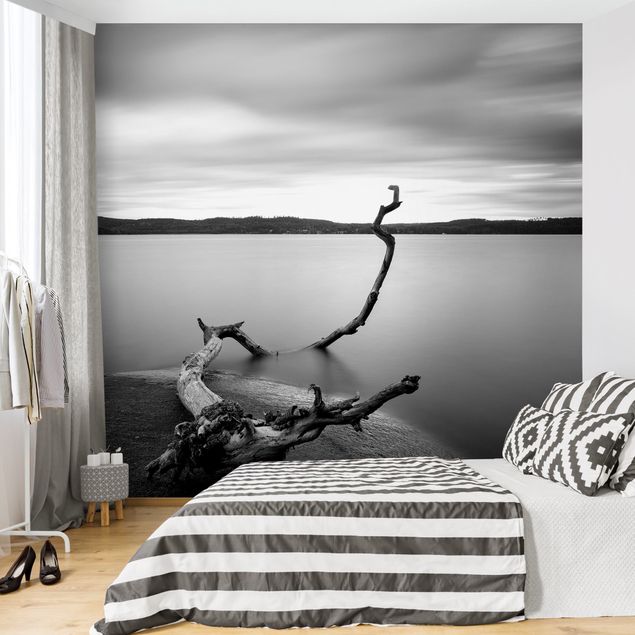 Wandtapete schwarz Sonnenuntergang am See schwarz-weiß