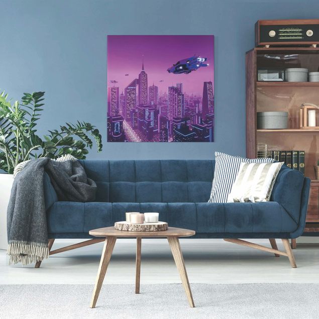 Moderne Leinwandbilder Wohnzimmer Stadt im Neonlicht mit Raumschiffen