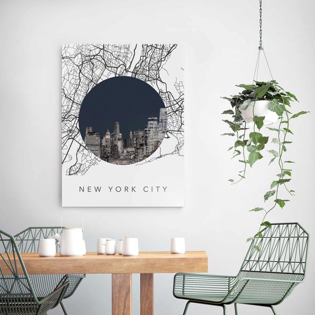 Glasbilder Schwarz-Weiß Stadtplan Collage New York City