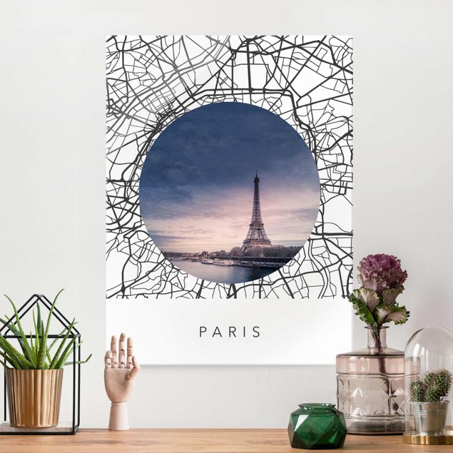 Glasbild Paris Stadtplan Collage Paris