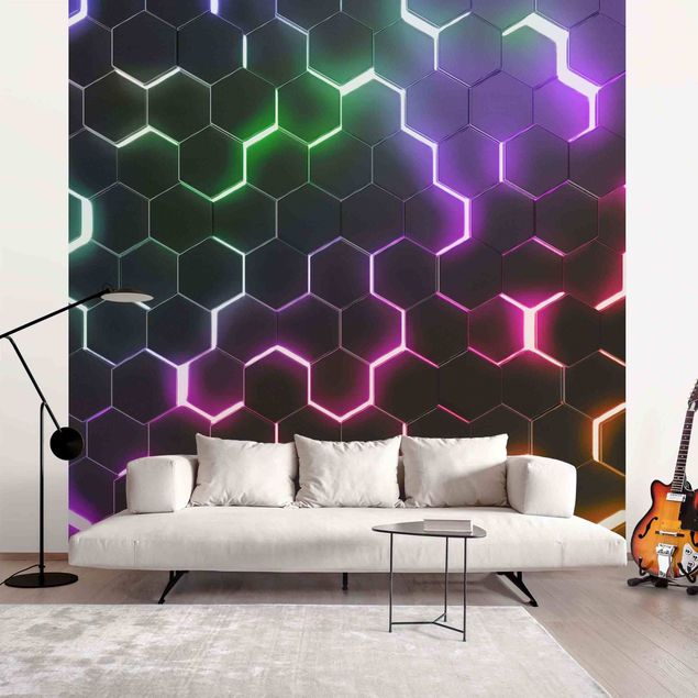 3D Wandtapete Strukturierte Hexagone mit Neonlicht